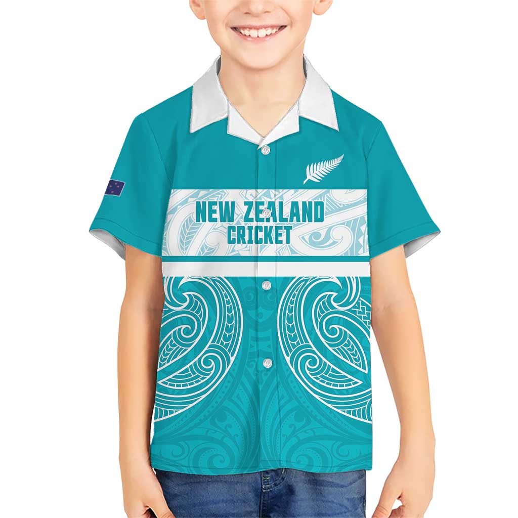 New Zealand Silver Fern Cricket Custom Kid Hawaiian Shirt Black Cap Teal Maori Pattern - Aussie Hoodie
