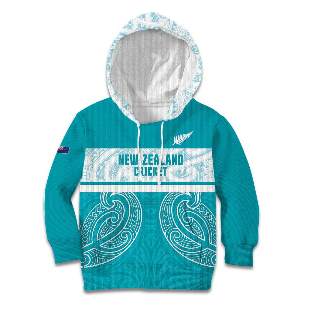 New Zealand Silver Fern Cricket Custom Kid Hoodie Black Cap Teal Maori Pattern - Aussie Hoodie