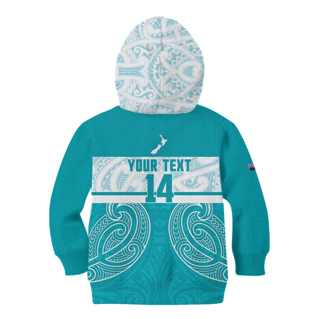 New Zealand Silver Fern Cricket Custom Kid Hoodie Black Cap Teal Maori Pattern - Aussie Hoodie