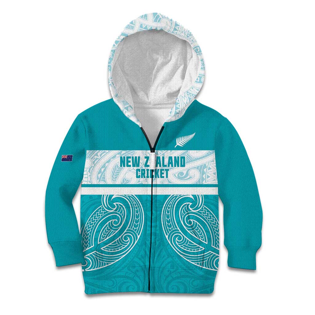 New Zealand Silver Fern Cricket Custom Kid Hoodie Black Cap Teal Maori Pattern - Aussie Hoodie