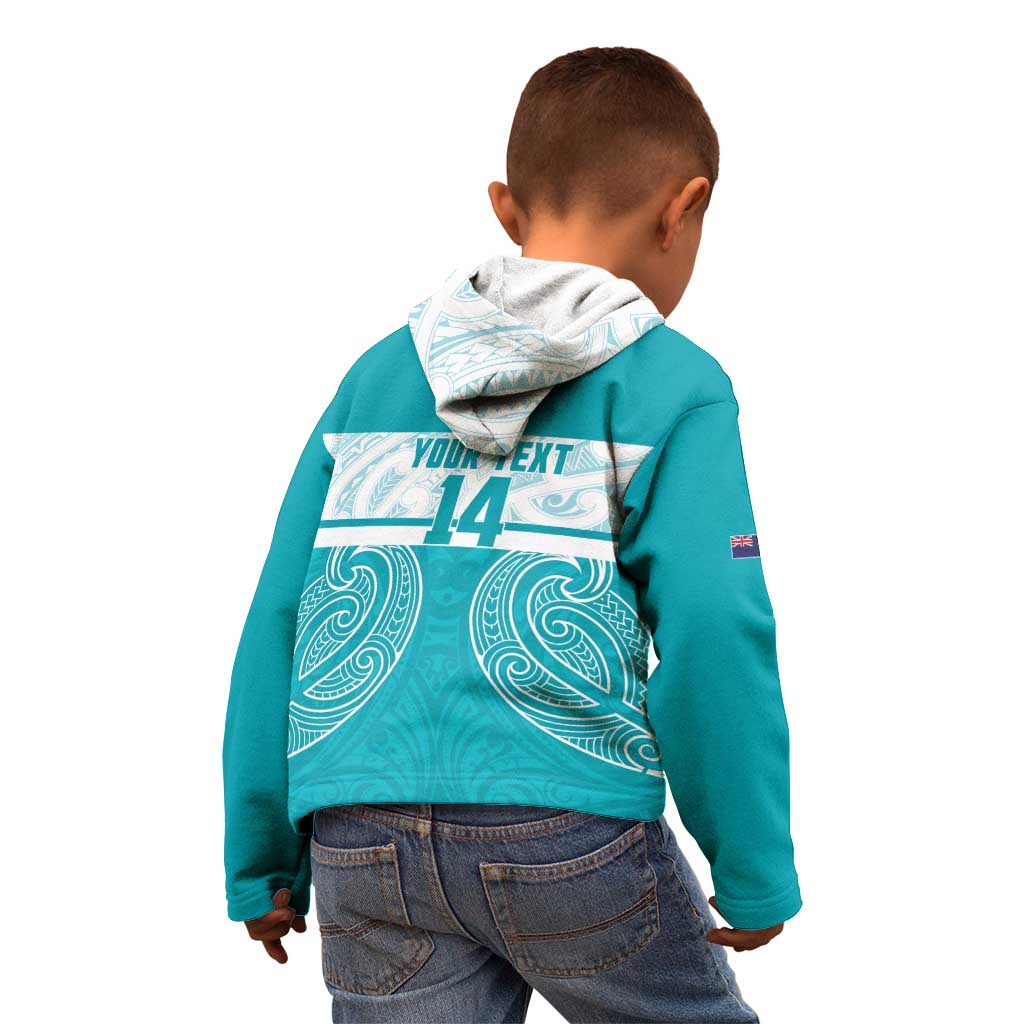 New Zealand Silver Fern Cricket Custom Kid Hoodie Black Cap Teal Maori Pattern - Aussie Hoodie