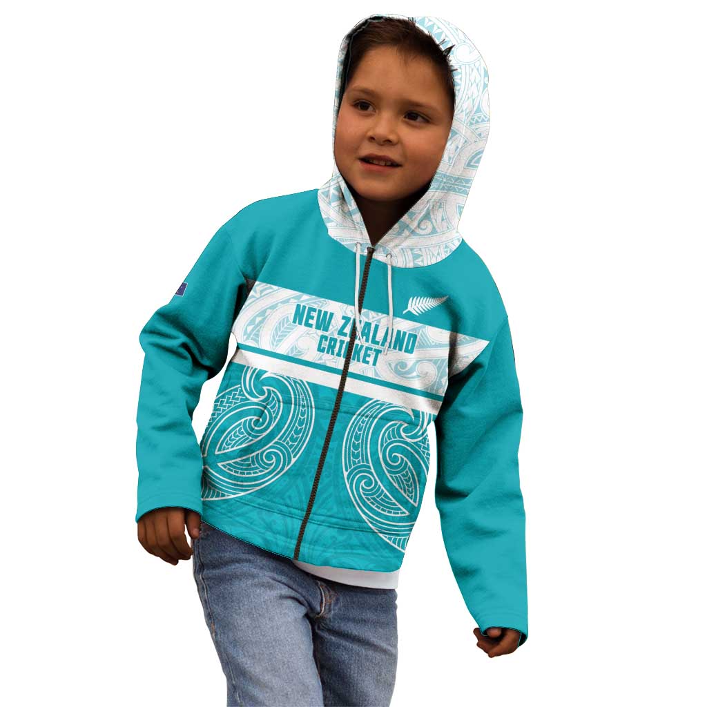 New Zealand Silver Fern Cricket Custom Kid Hoodie Black Cap Teal Maori Pattern - Aussie Hoodie