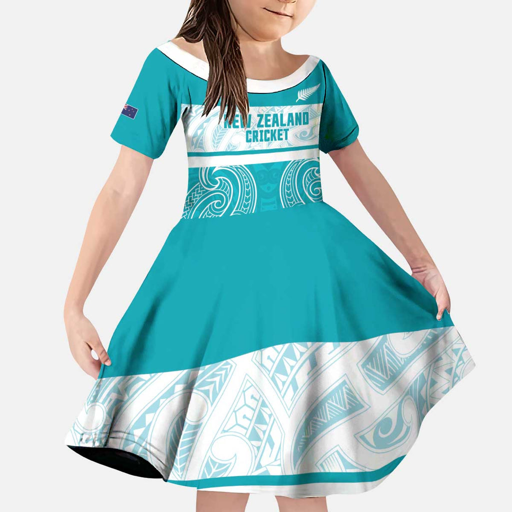 New Zealand Silver Fern Cricket Custom Kid Short Sleeve Dress Black Cap Teal Maori Pattern - Aussie Hoodie