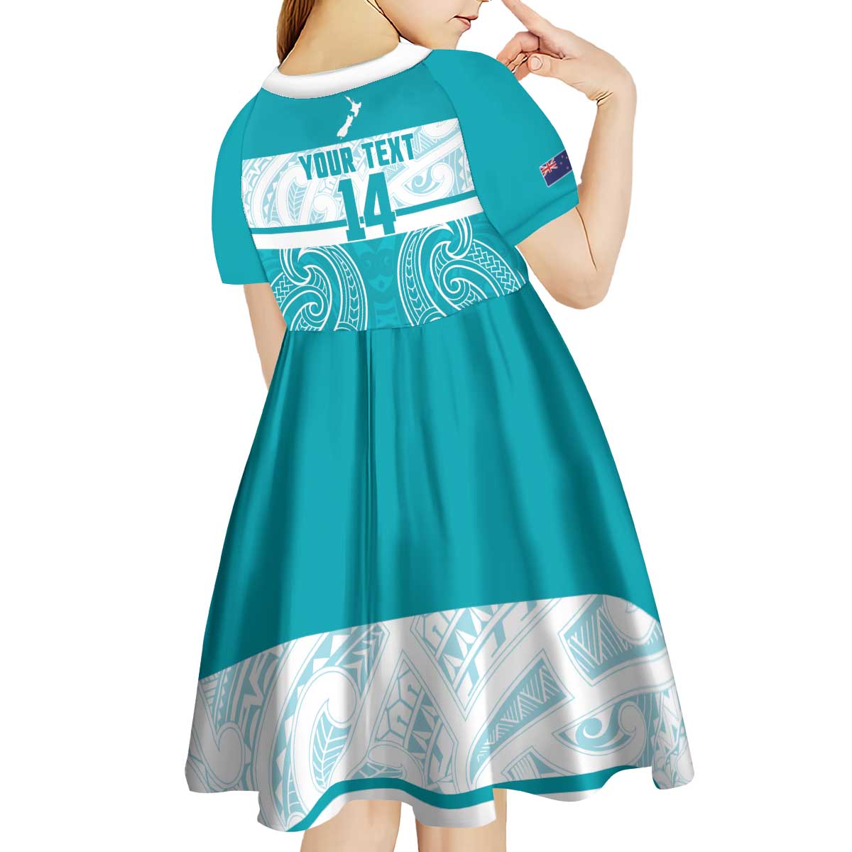 New Zealand Silver Fern Cricket Custom Kid Short Sleeve Dress Black Cap Teal Maori Pattern - Aussie Hoodie