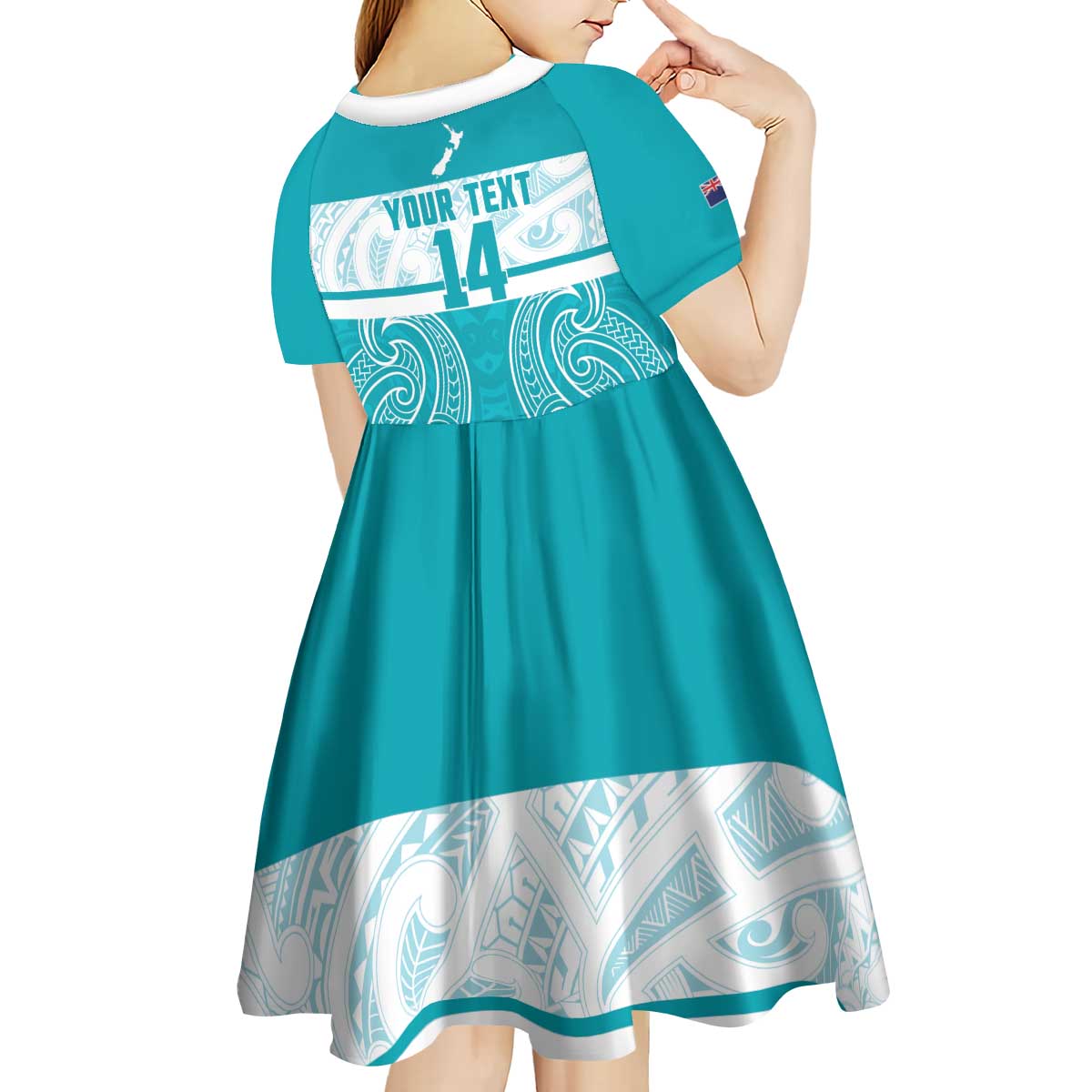 New Zealand Silver Fern Cricket Custom Kid Short Sleeve Dress Black Cap Teal Maori Pattern - Aussie Hoodie