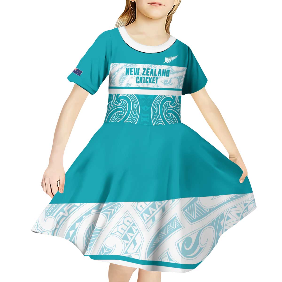 New Zealand Silver Fern Cricket Custom Kid Short Sleeve Dress Black Cap Teal Maori Pattern - Aussie Hoodie