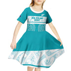 New Zealand Silver Fern Cricket Custom Kid Short Sleeve Dress Black Cap Teal Maori Pattern - Aussie Hoodie