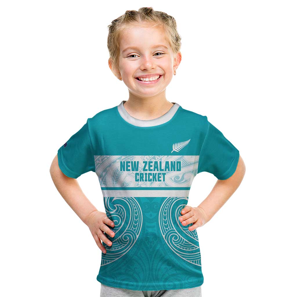 New Zealand Silver Fern Cricket Custom Kid T Shirt Black Cap Teal Maori Pattern - Aussie Hoodie