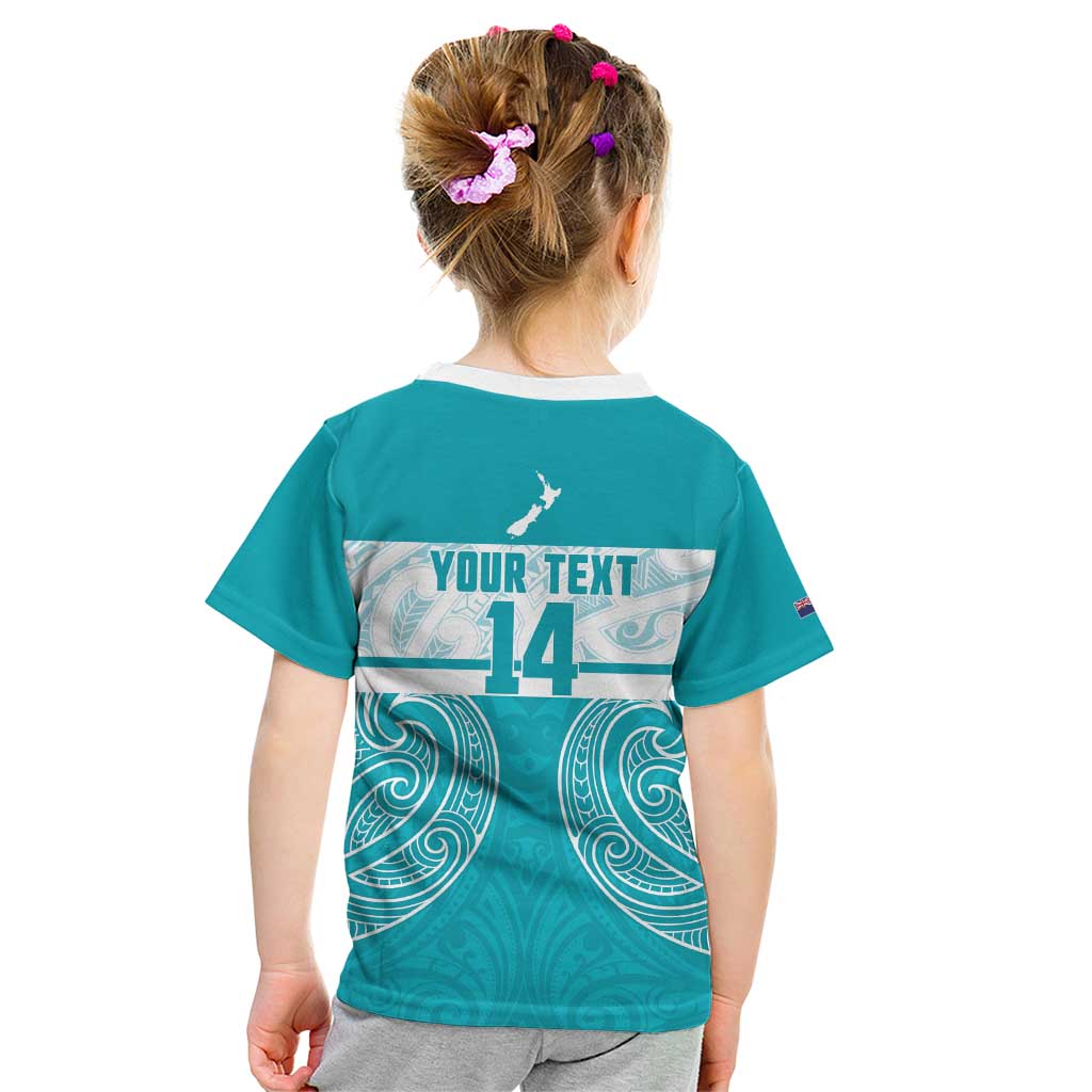 New Zealand Silver Fern Cricket Custom Kid T Shirt Black Cap Teal Maori Pattern - Aussie Hoodie