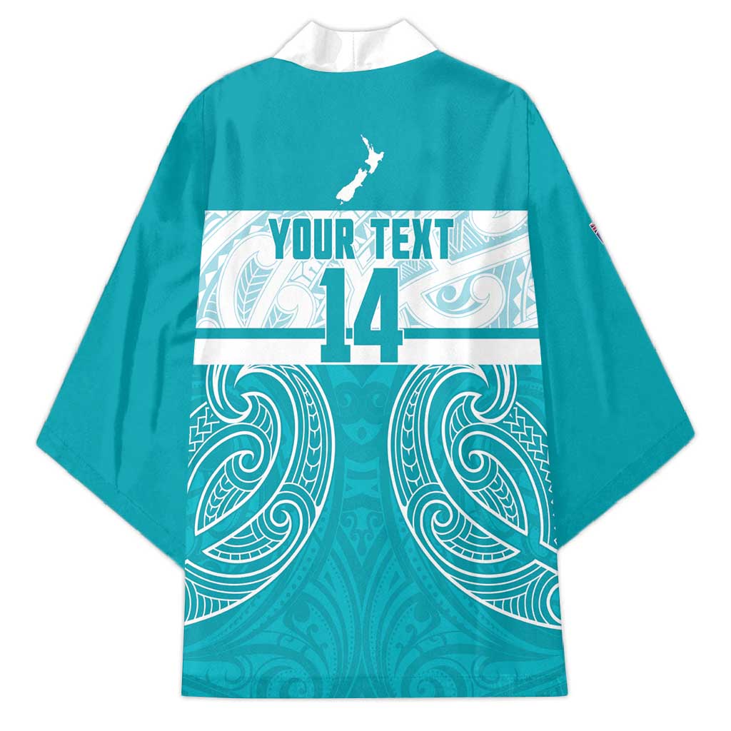 New Zealand Silver Fern Cricket Custom Kimono Black Cap Teal Maori Pattern - Aussie Hoodie
