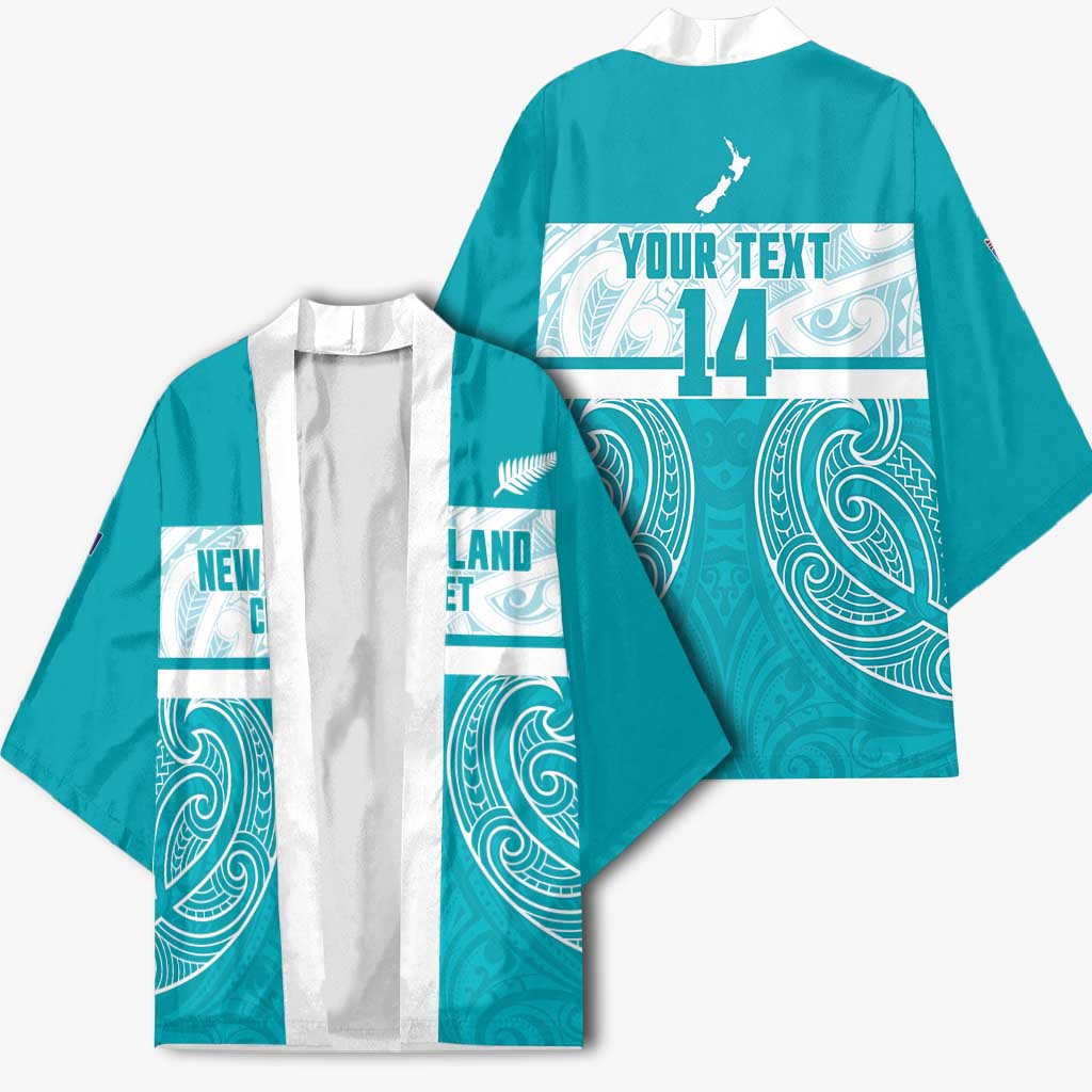 New Zealand Silver Fern Cricket Custom Kimono Black Cap Teal Maori Pattern - Aussie Hoodie