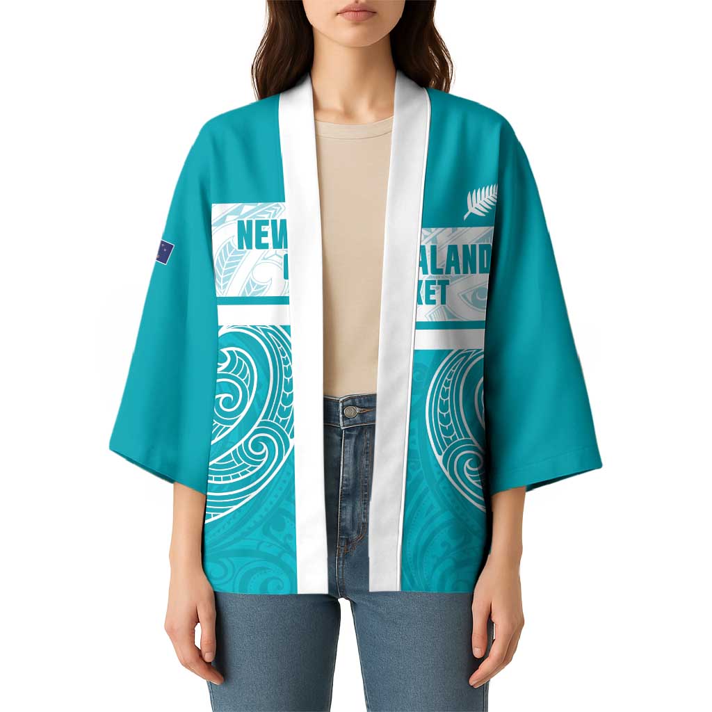 New Zealand Silver Fern Cricket Custom Kimono Black Cap Teal Maori Pattern - Aussie Hoodie