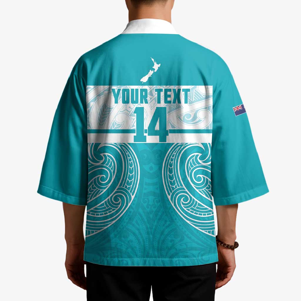 New Zealand Silver Fern Cricket Custom Kimono Black Cap Teal Maori Pattern - Aussie Hoodie