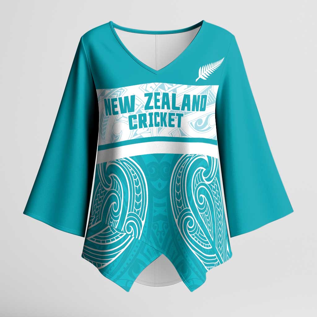 New Zealand Silver Fern Cricket Custom Kimono Sleeve Blouse Black Cap Teal Maori Pattern - Aussie Hoodie
