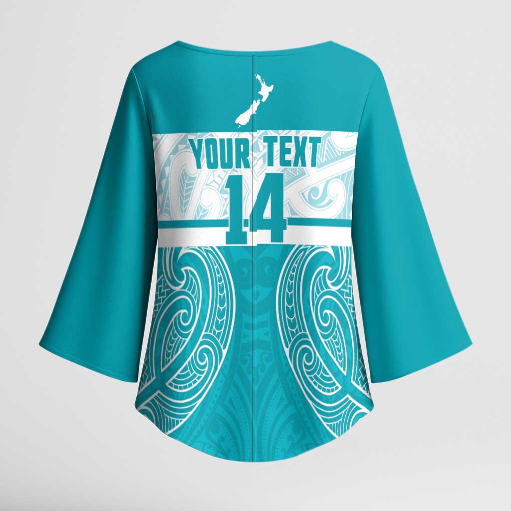 New Zealand Silver Fern Cricket Custom Kimono Sleeve Blouse Black Cap Teal Maori Pattern - Aussie Hoodie