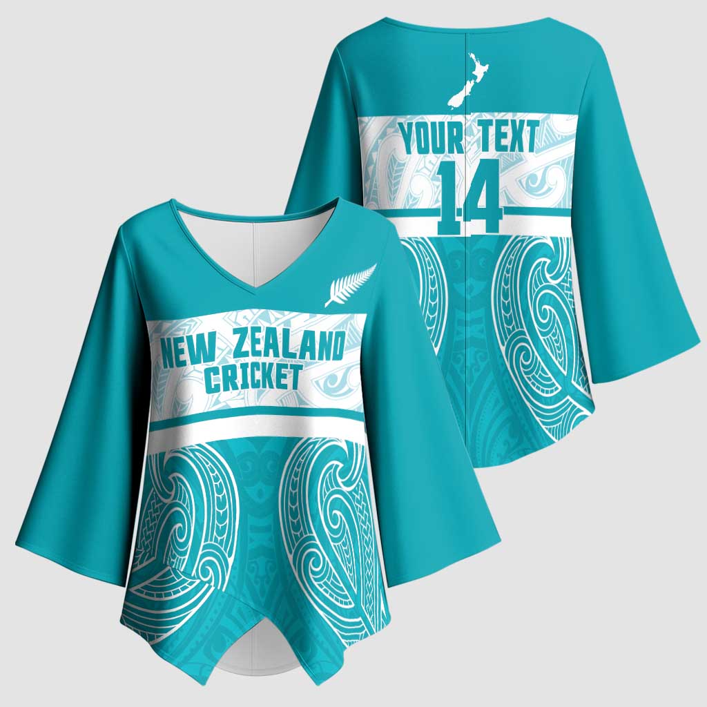 New Zealand Silver Fern Cricket Custom Kimono Sleeve Blouse Black Cap Teal Maori Pattern - Aussie Hoodie