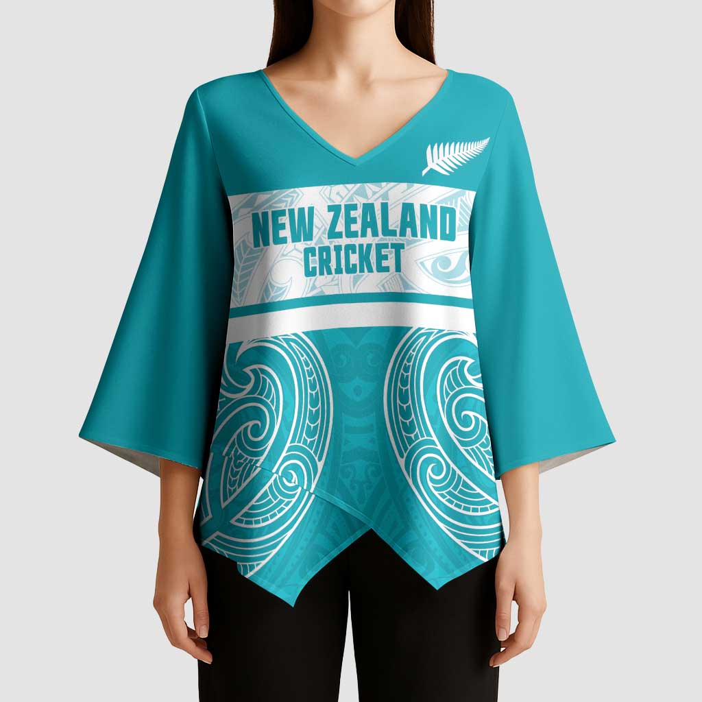 New Zealand Silver Fern Cricket Custom Kimono Sleeve Blouse Black Cap Teal Maori Pattern - Aussie Hoodie