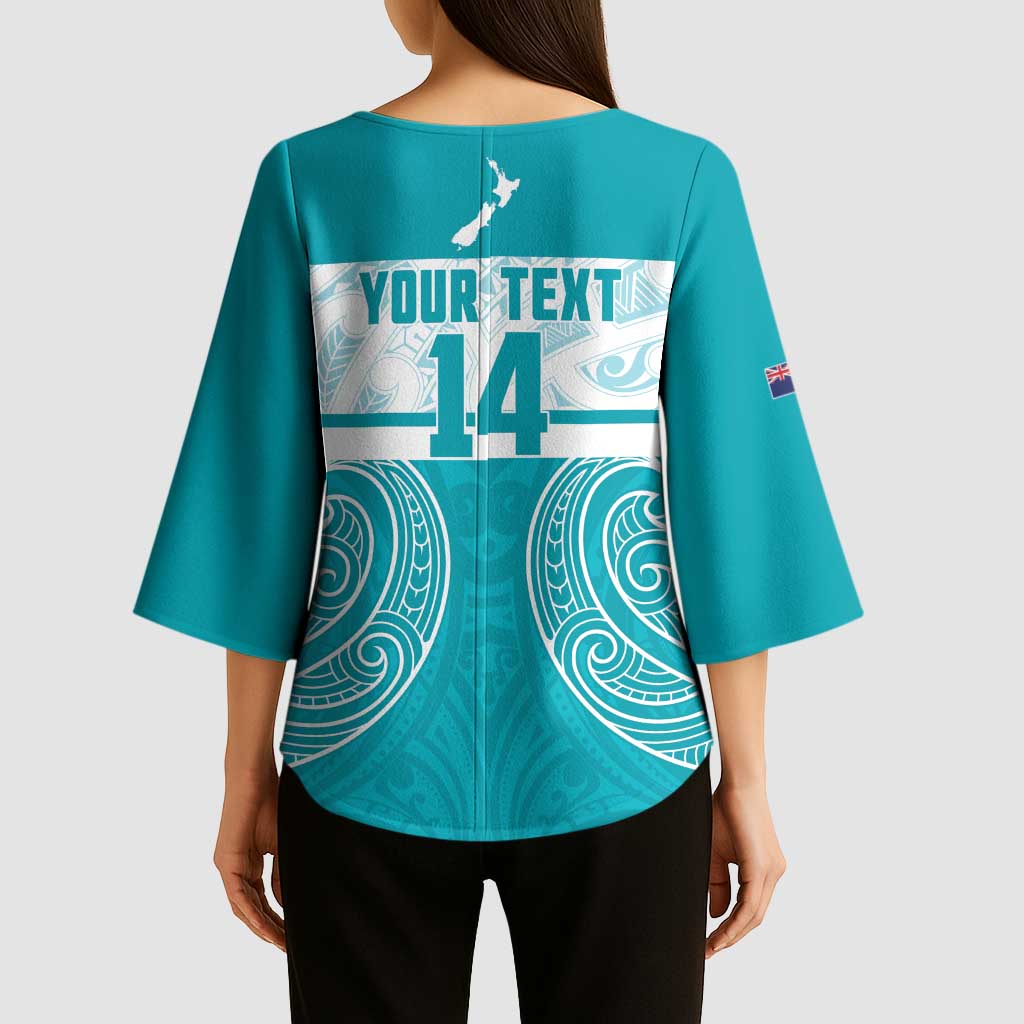 New Zealand Silver Fern Cricket Custom Kimono Sleeve Blouse Black Cap Teal Maori Pattern - Aussie Hoodie