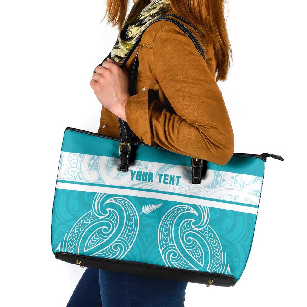 New Zealand Silver Fern Cricket Custom Leather Tote Bag Black Cap Teal Maori Pattern - Aussie Hoodie