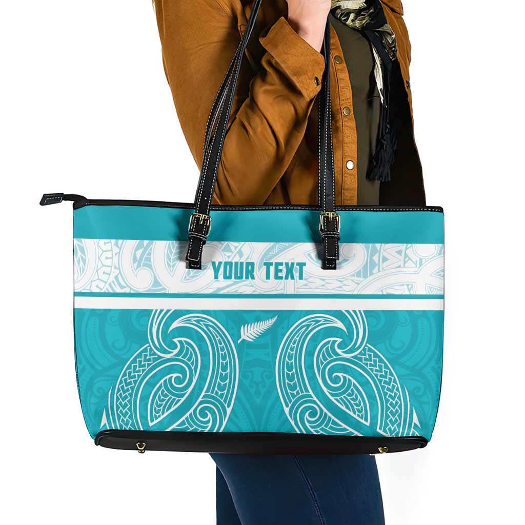 New Zealand Silver Fern Cricket Custom Leather Tote Bag Black Cap Teal Maori Pattern - Aussie Hoodie