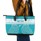 New Zealand Silver Fern Cricket Custom Leather Tote Bag Black Cap Teal Maori Pattern - Aussie Hoodie