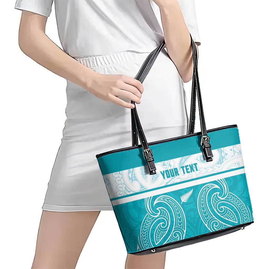 New Zealand Silver Fern Cricket Custom Leather Tote Bag Black Cap Teal Maori Pattern - Aussie Hoodie