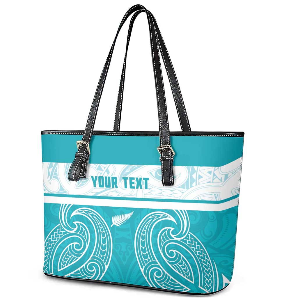 New Zealand Silver Fern Cricket Custom Leather Tote Bag Black Cap Teal Maori Pattern - Aussie Hoodie