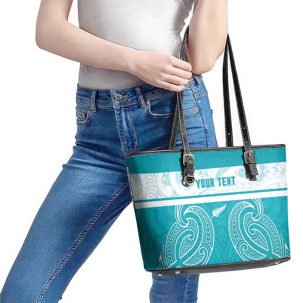 New Zealand Silver Fern Cricket Custom Leather Tote Bag Black Cap Teal Maori Pattern - Aussie Hoodie