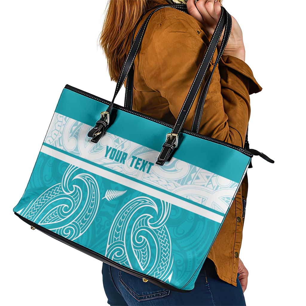 New Zealand Silver Fern Cricket Custom Leather Tote Bag Black Cap Teal Maori Pattern - Aussie Hoodie