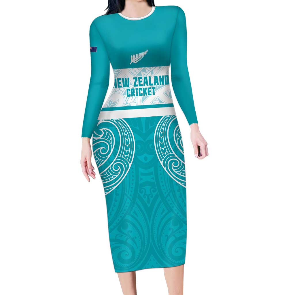 New Zealand Silver Fern Cricket Custom Long Sleeve Bodycon Dress Black Cap Teal Maori Pattern - Aussie Hoodie