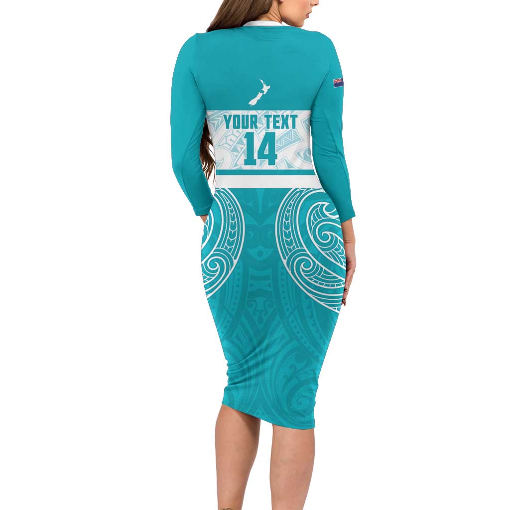 New Zealand Silver Fern Cricket Custom Long Sleeve Bodycon Dress Black Cap Teal Maori Pattern - Aussie Hoodie