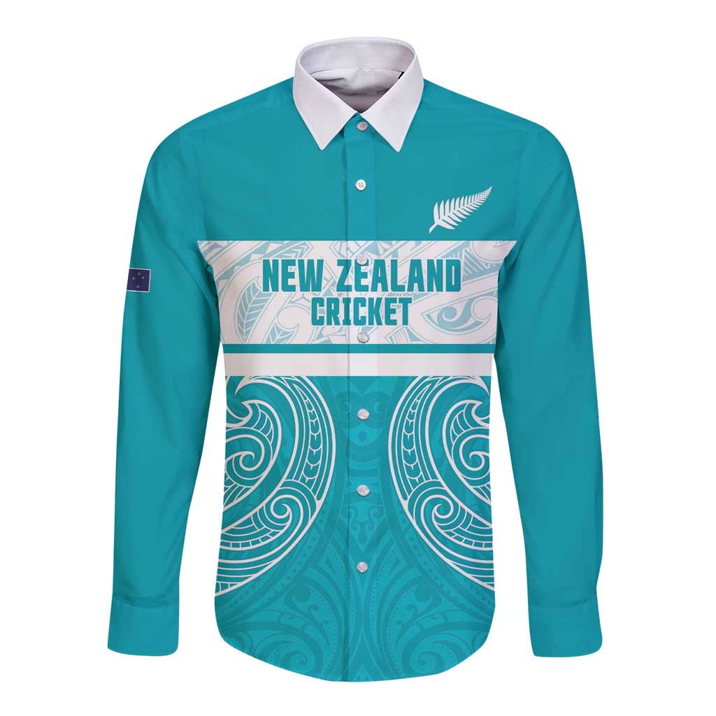 New Zealand Silver Fern Cricket Custom Long Sleeve Button Shirt Black Cap Teal Maori Pattern - Aussie Hoodie