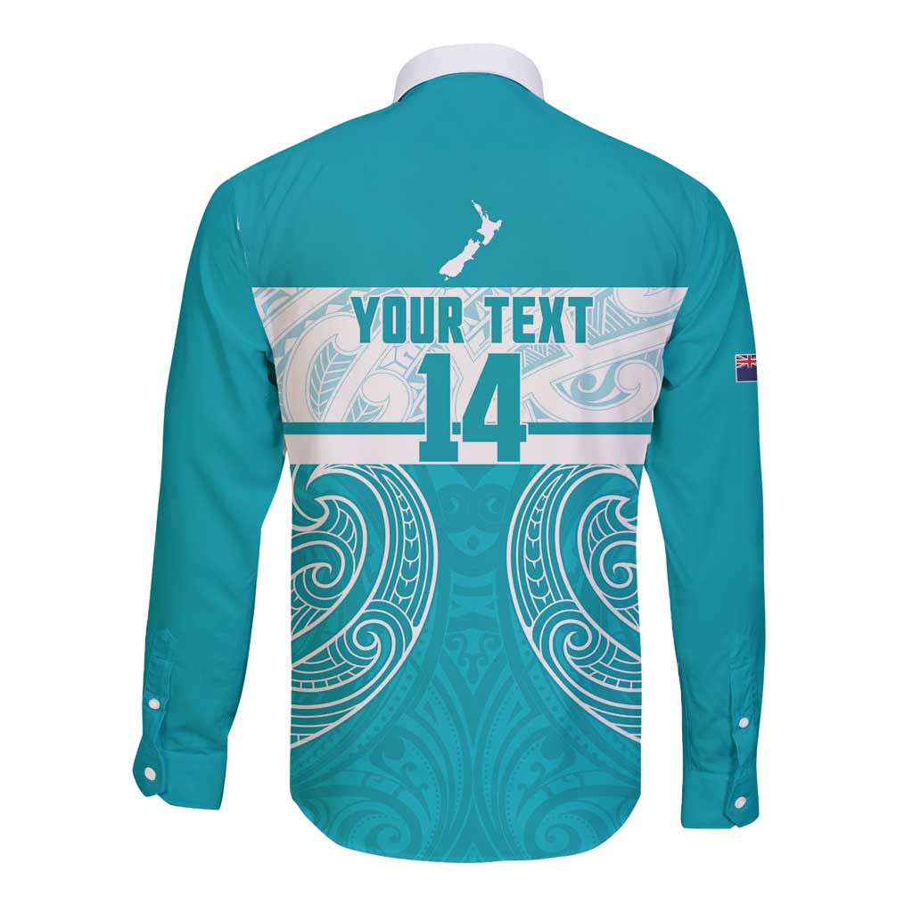 New Zealand Silver Fern Cricket Custom Long Sleeve Button Shirt Black Cap Teal Maori Pattern - Aussie Hoodie