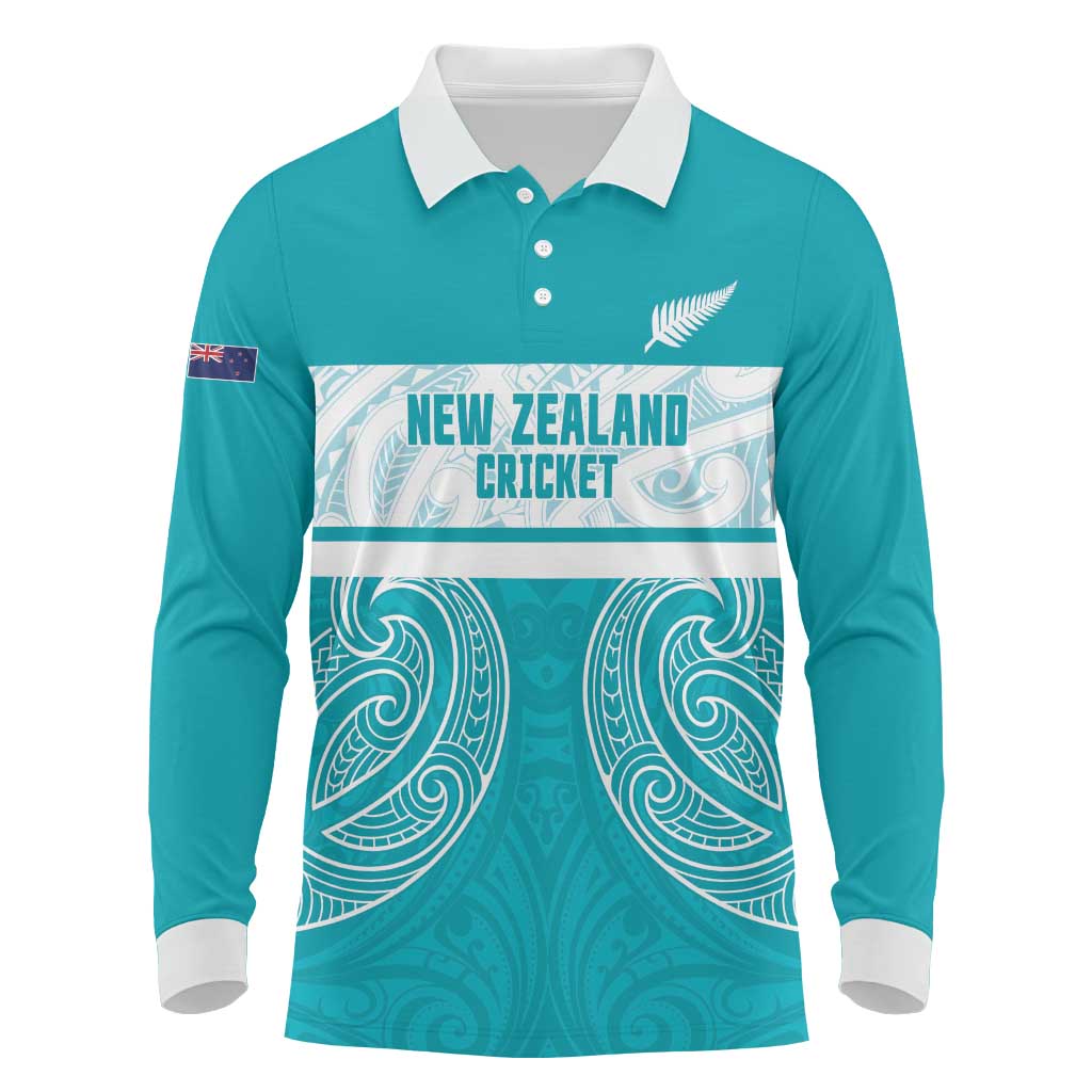 New Zealand Silver Fern Cricket Custom Long Sleeve Polo Shirt Black Cap Teal Maori Pattern - Aussie Hoodie