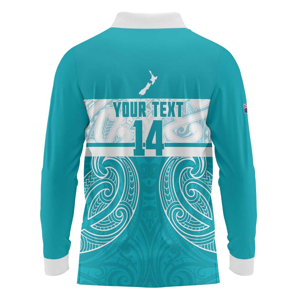 New Zealand Silver Fern Cricket Custom Long Sleeve Polo Shirt Black Cap Teal Maori Pattern - Aussie Hoodie