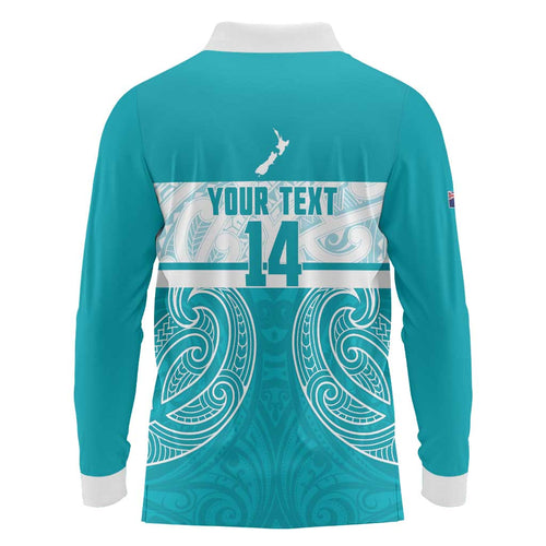 New Zealand Silver Fern Cricket Custom Long Sleeve Polo Shirt Black Cap Teal Maori Pattern - Aussie Hoodie