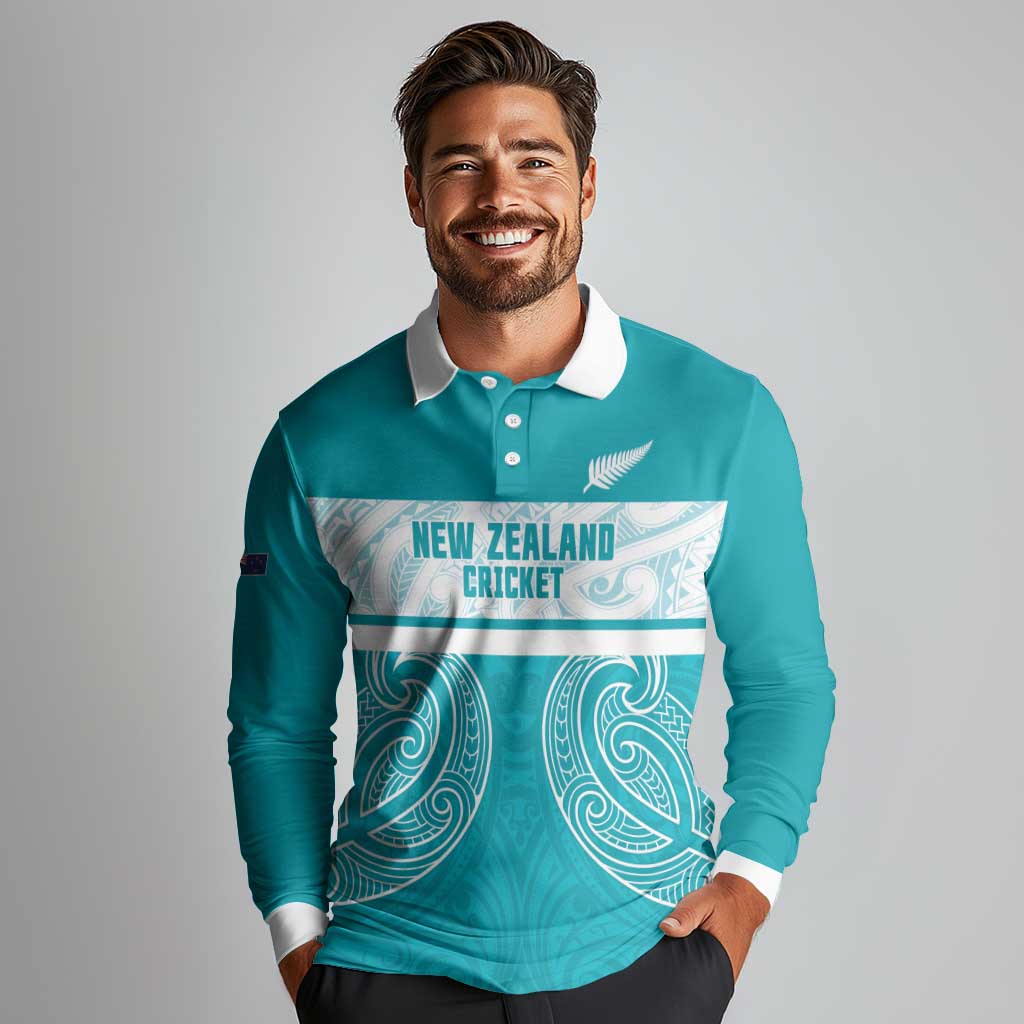 New Zealand Silver Fern Cricket Custom Long Sleeve Polo Shirt Black Cap Teal Maori Pattern - Aussie Hoodie