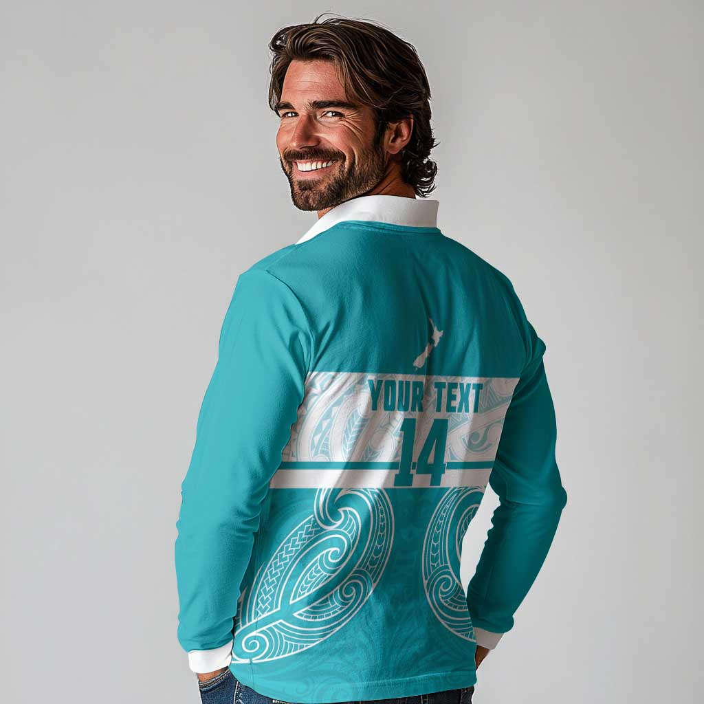 New Zealand Silver Fern Cricket Custom Long Sleeve Polo Shirt Black Cap Teal Maori Pattern - Aussie Hoodie