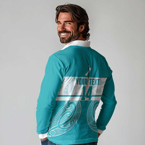 New Zealand Silver Fern Cricket Custom Long Sleeve Polo Shirt Black Cap Teal Maori Pattern - Aussie Hoodie