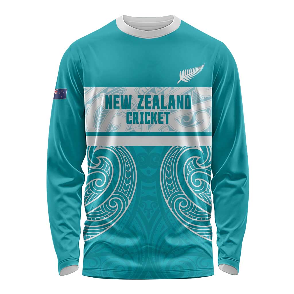 New Zealand Silver Fern Cricket Custom Long Sleeve Shirt Black Cap Teal Maori Pattern - Aussie Hoodie