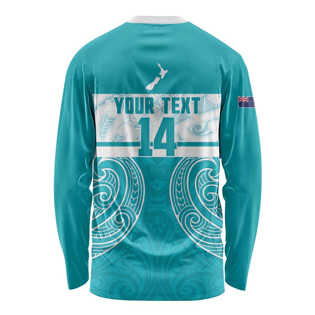 New Zealand Silver Fern Cricket Custom Long Sleeve Shirt Black Cap Teal Maori Pattern - Aussie Hoodie
