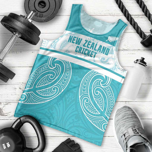 New Zealand Silver Fern Cricket Custom Men Tank Top Black Cap Teal Maori Pattern - Aussie Hoodie