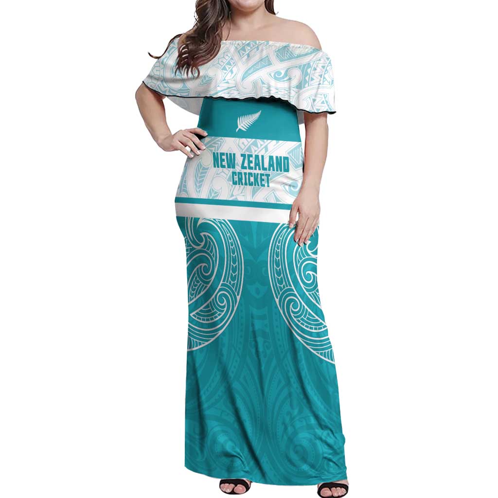 New Zealand Silver Fern Cricket Custom Off Shoulder Maxi Dress Black Cap Teal Maori Pattern - Aussie Hoodie