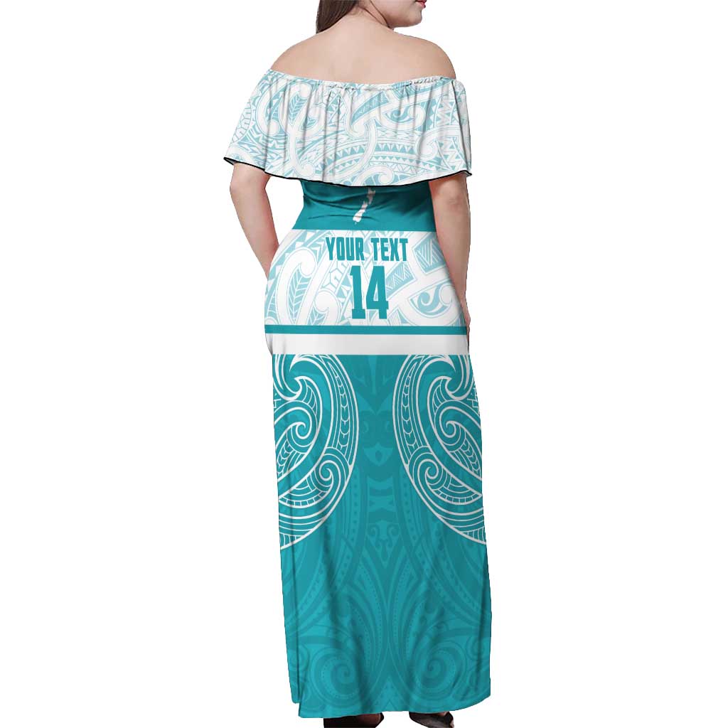 New Zealand Silver Fern Cricket Custom Off Shoulder Maxi Dress Black Cap Teal Maori Pattern - Aussie Hoodie