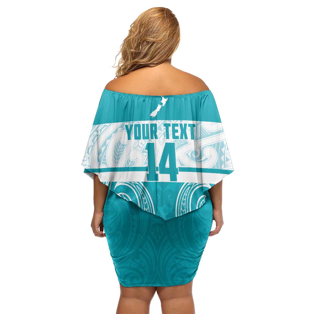 New Zealand Silver Fern Cricket Custom Off Shoulder Short Dress Black Cap Teal Maori Pattern - Aussie Hoodie