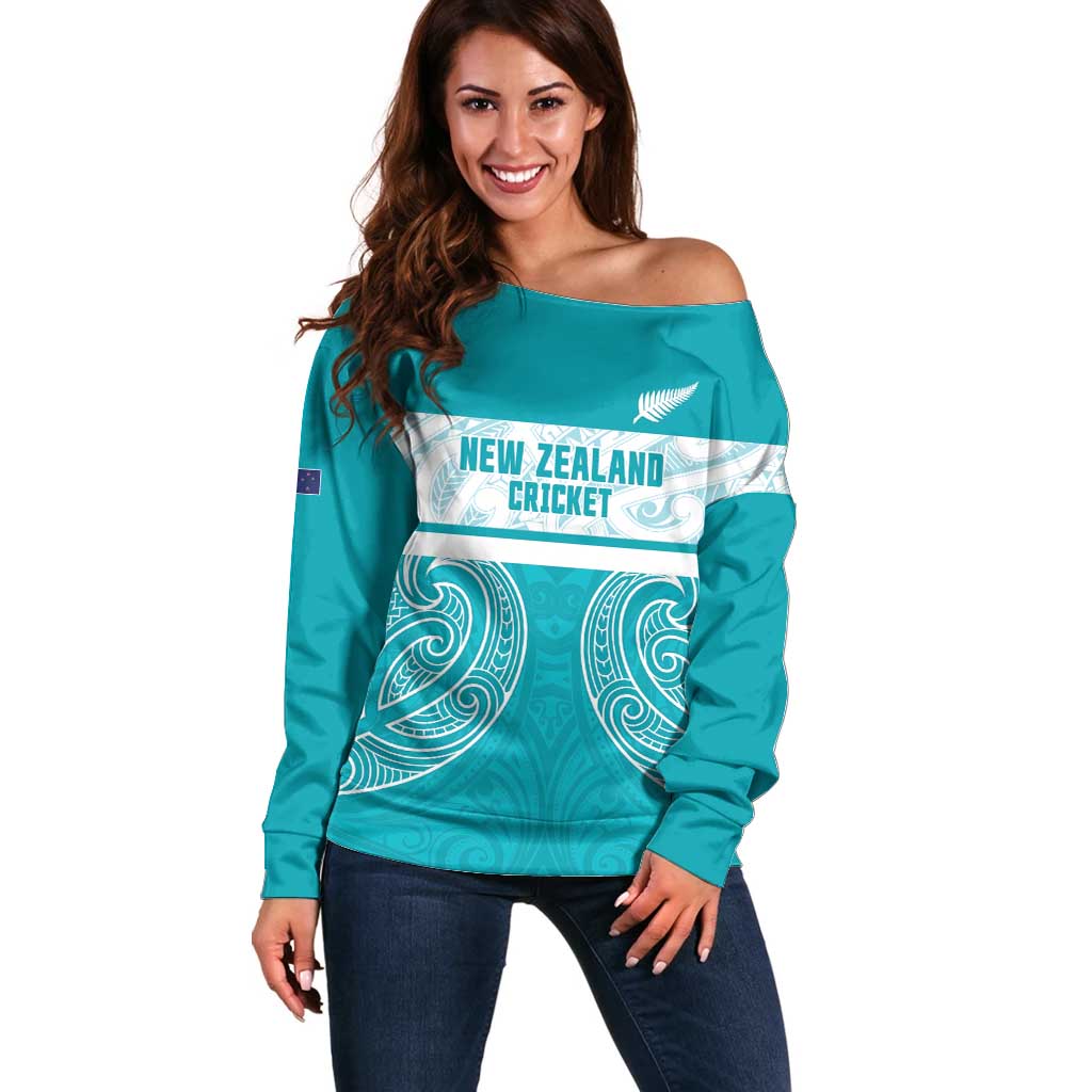 New Zealand Silver Fern Cricket Custom Off Shoulder Sweater Black Cap Teal Maori Pattern - Aussie Hoodie