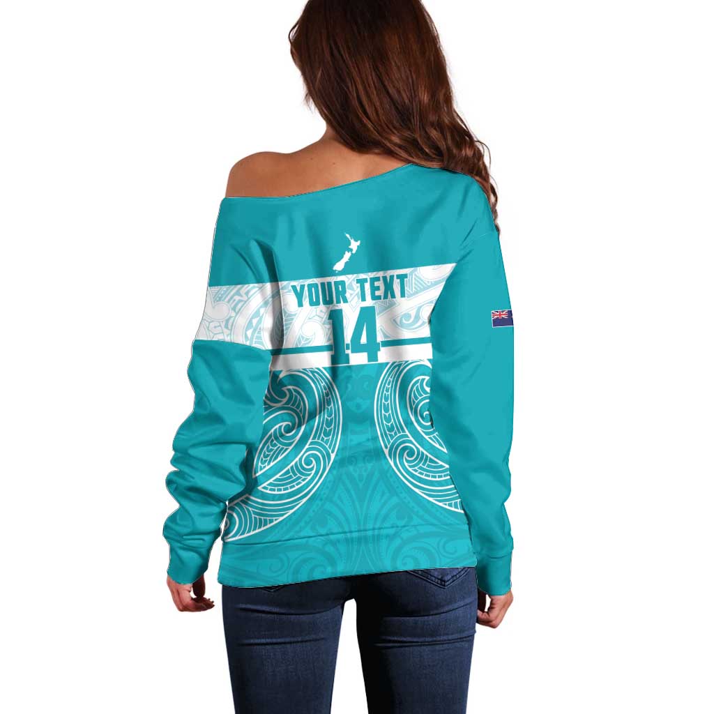 New Zealand Silver Fern Cricket Custom Off Shoulder Sweater Black Cap Teal Maori Pattern - Aussie Hoodie