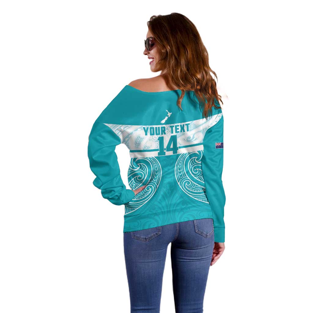New Zealand Silver Fern Cricket Custom Off Shoulder Sweater Black Cap Teal Maori Pattern - Aussie Hoodie