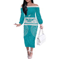 New Zealand Silver Fern Cricket Custom Off The Shoulder Long Sleeve Dress Black Cap Teal Maori Pattern - Aussie Hoodie