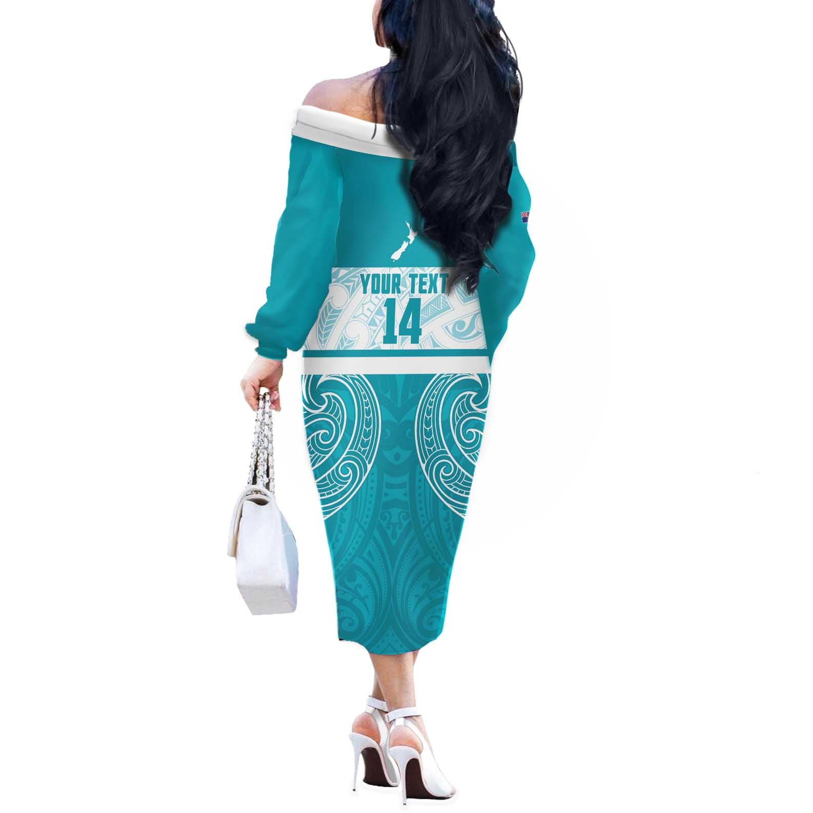 New Zealand Silver Fern Cricket Custom Off The Shoulder Long Sleeve Dress Black Cap Teal Maori Pattern - Aussie Hoodie